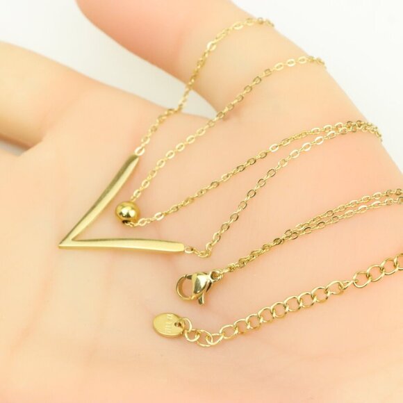 Layered Yellow Necklace with V-Shaped Pendant and Gold Bead, XPNL0370 - Picture 5 of 13